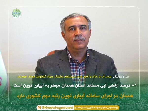 ۸۱ درصد اراضی آبی مستعد استان همدان مجهز به آبیاری نوین است 