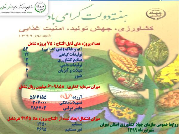 ۷۵پروژه کشاورزی در استان تهران به مناسبت هفته دولت افتتاح می شود