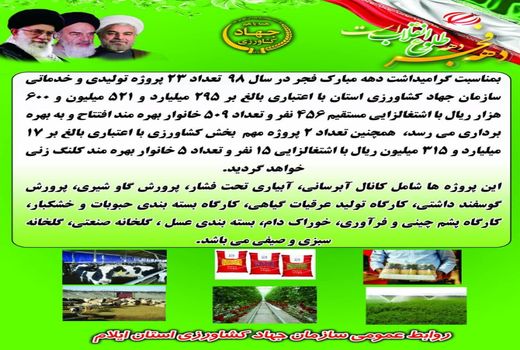 23 پروژه تولیدی و خدماتی بخش کشاورزی در دهه مبارک فجر سال جاری افتتاح و به بهره‌برداری می‌رسد.