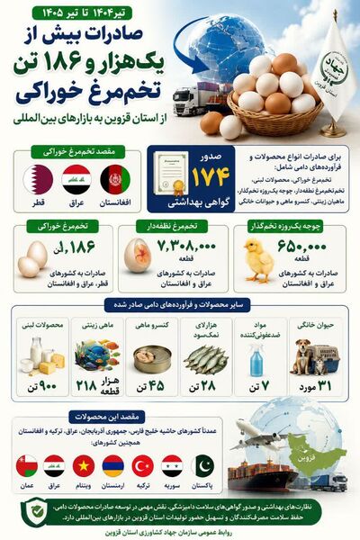 صادرات بیش از ۱۱۸۶ تن تخم مرغ خوراکی از استان قزوین 