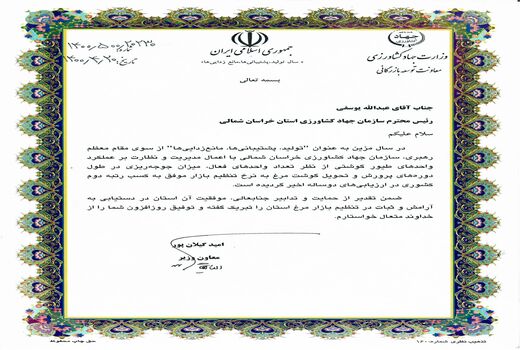 رییس سازمان جهاد کشاورزی خراسان شمالی از سوی معاون وزیر جهاد کشاورزی تقدیر شد